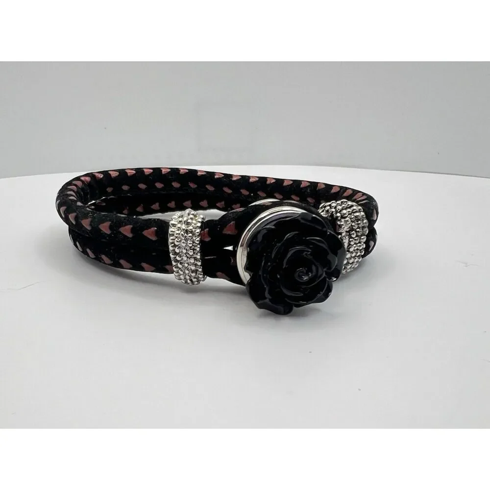 Snap Jewelry Black W Red Leather Bracelet 8